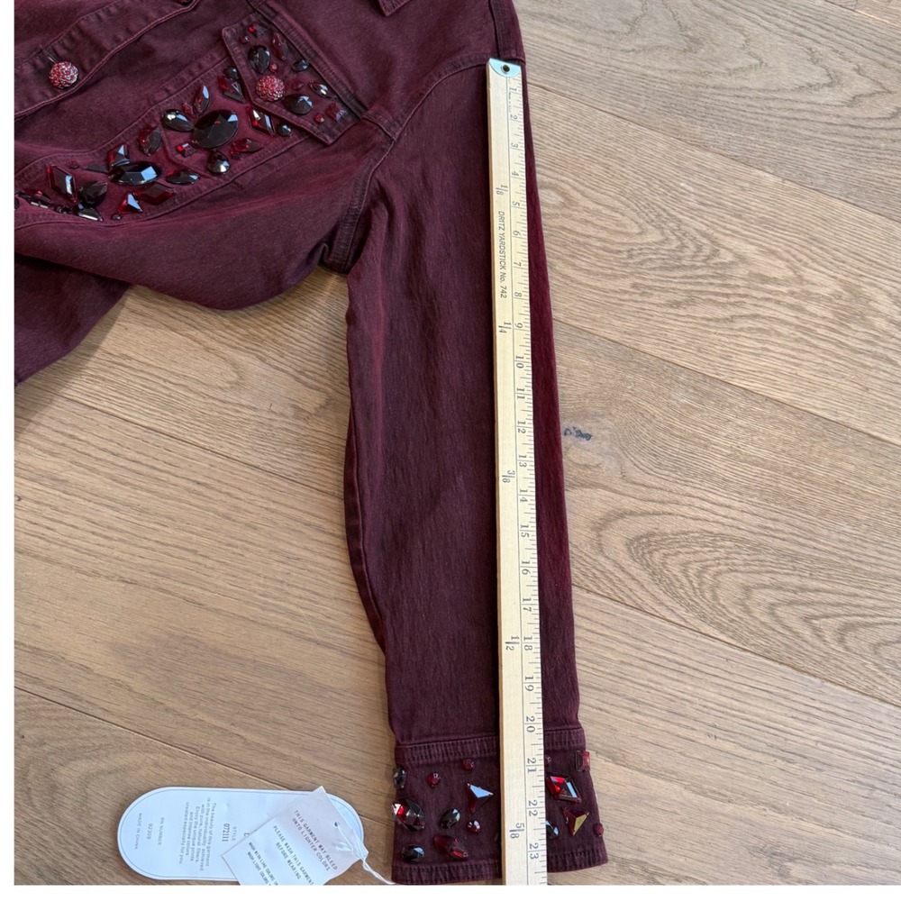 Diane Gilman DG2 Embellished Denim Jacket Burgundy Red Crystal Buttons Size L - Picture 8 of 11